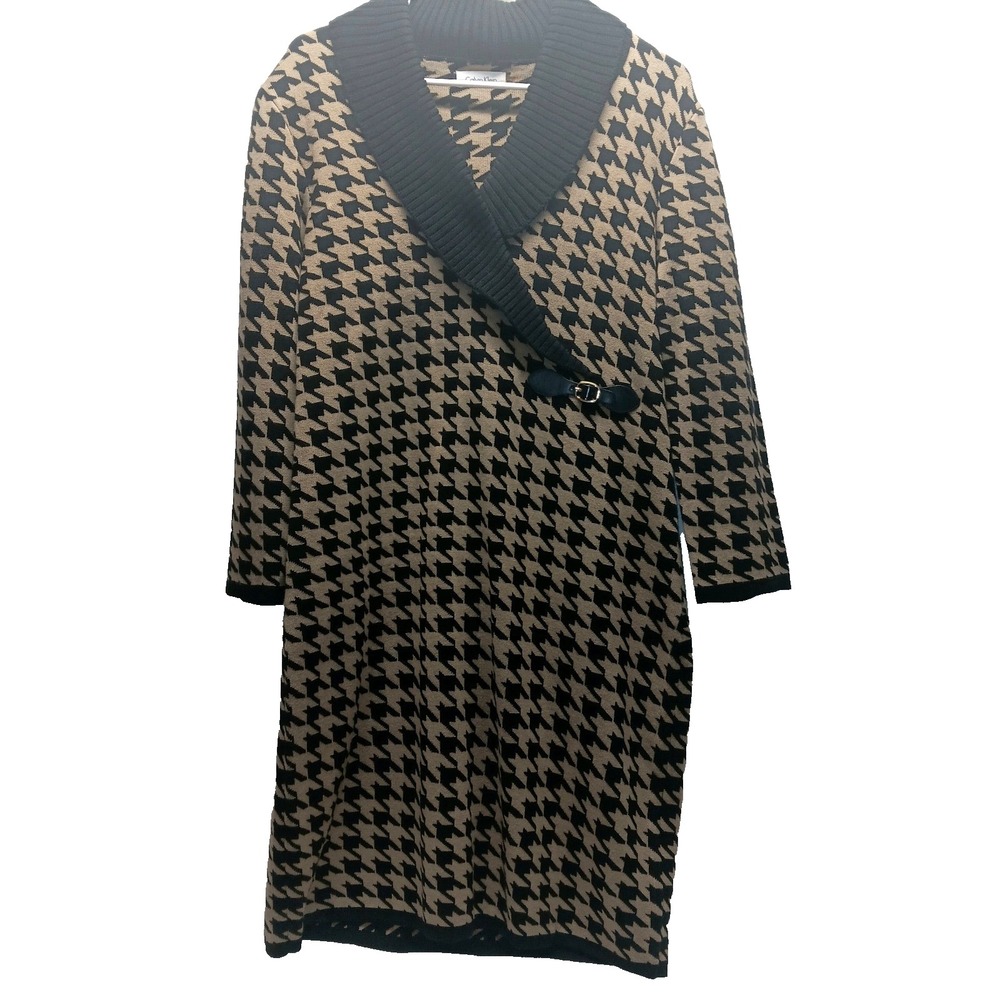 Calvin Klein Sweater Dress Women's Large Brown Argyle Wrap Front Long Sleeve EUC
